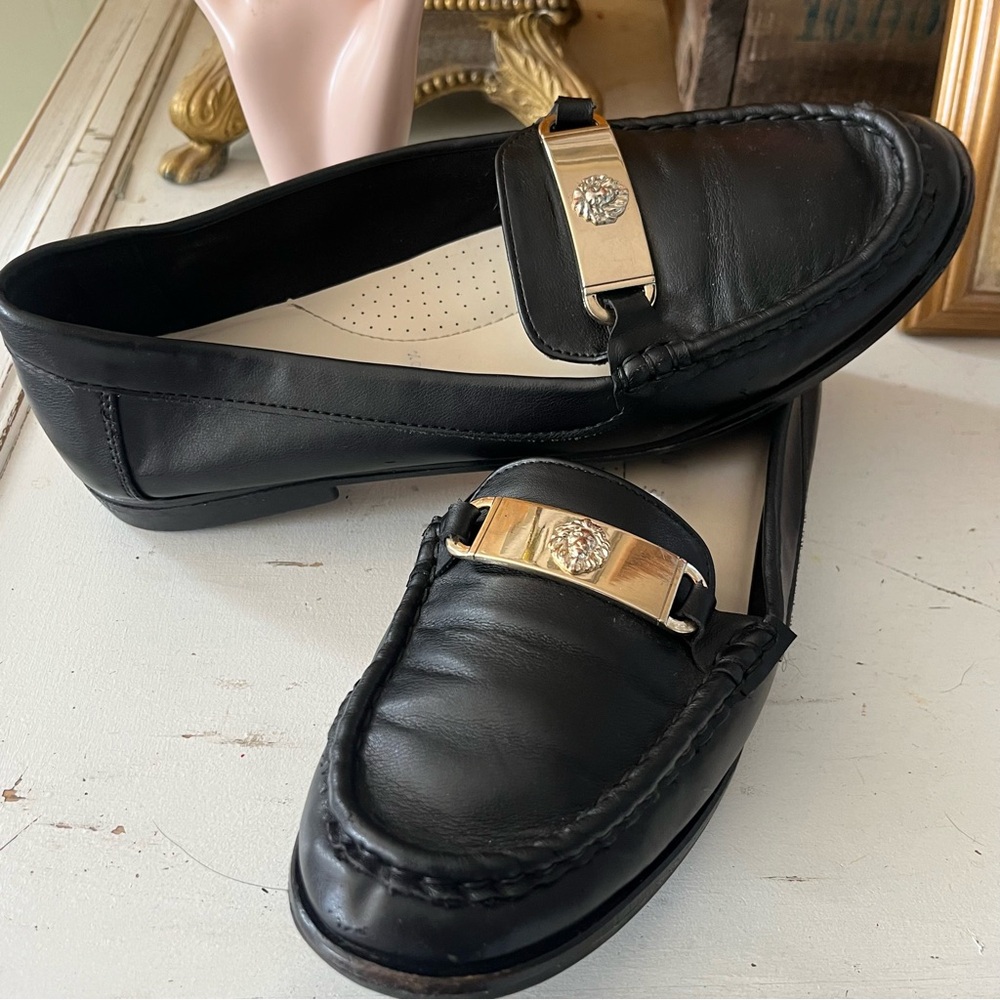 Anne Klein Leather Loafers with Gold Signature Lion Hardware